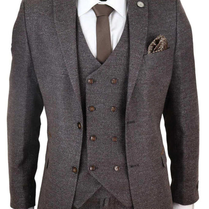 Mens Brown Wool 3 Piece Suit Double Breasted Tweed Peaky Blinders 1920