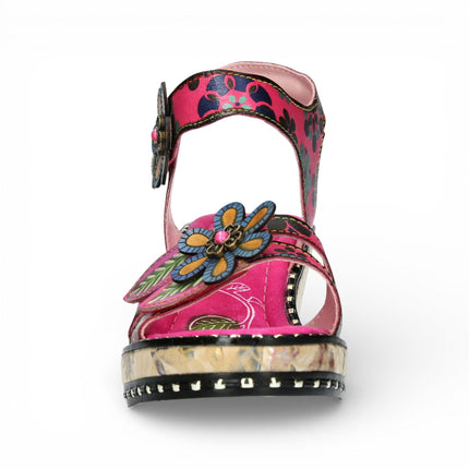 Laura Vita Women's Ballon 08 Fuschia Pink Floral Leather Wedge Espadrille Sandals