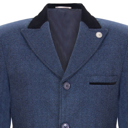 Mens 3/4 Long Navy Crombie Overcoat Jacket Herringbone Tweed Coat Peaky Blinder
