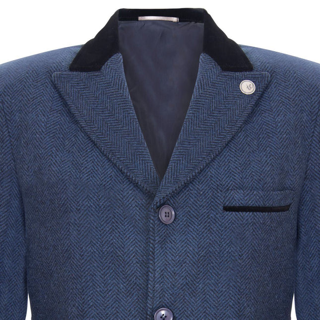 Mens 3/4 Long Navy Crombie Overcoat Jacket Herringbone Tweed Coat Peaky Blinder