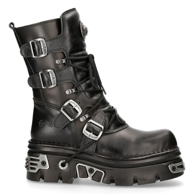 New Rock Unisex Black Leather Gothic Mid-Calf Boots - 373-S4