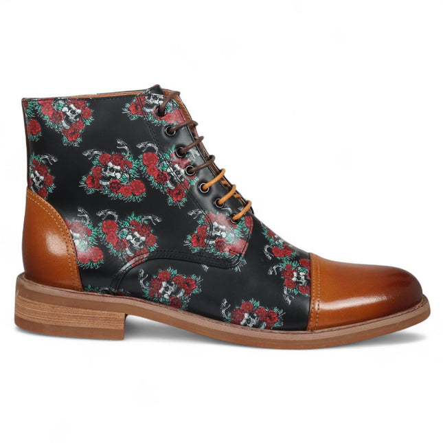 Justin Reess Men's Brown Floral Skull Print Leather Oxford Ankle Boots - Adam Skull