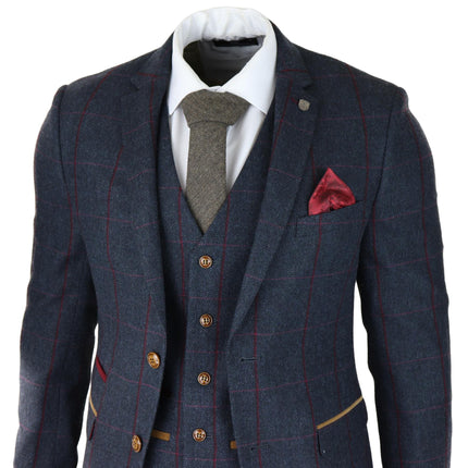 Mens Herringbone Tweed Suit 3 Piece Navy Blue Peaky Blinders 1920s Tailored Fit