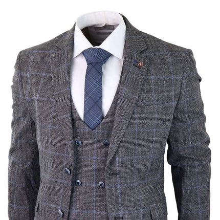 Mens 3 Piece Grey With Blue Check Tweed Vintage Classic Suit