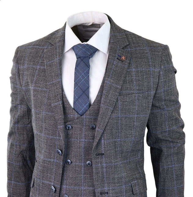 Mens 3 Piece Grey With Blue Check Tweed Vintage Classic Suit