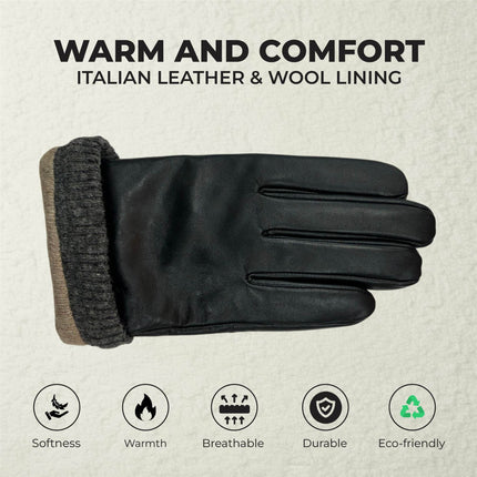 Men's Black Italian Leather Warm Wool Lining Winter Knit Rib Gloves - M-LGV-105