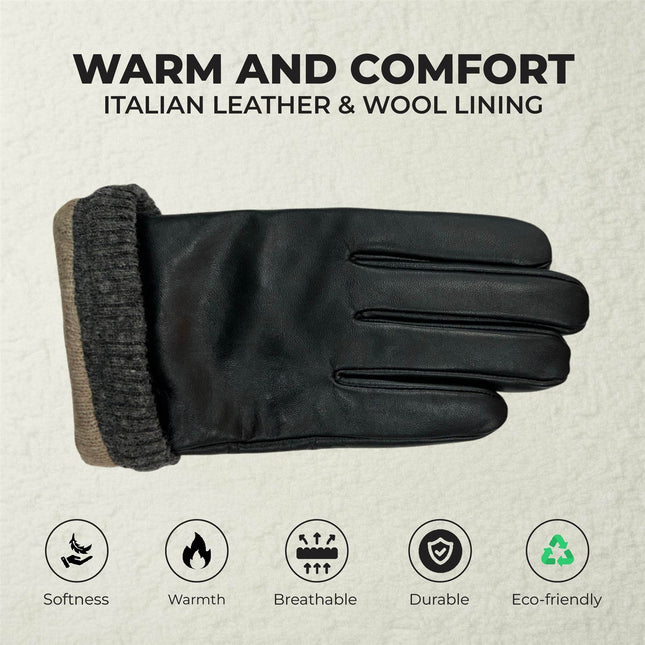 Men’s Black Italian Leather Warm Wool Lining Winter Knit Rib Gloves - M-LGV-105