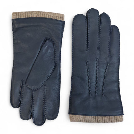 Men’s Navy Blue Italian Leather Warm Wool Lining Winter Gloves - M-LGV-405