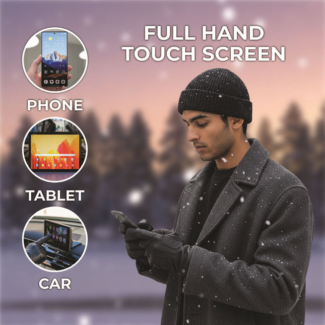 Men’s Black Italian Leather Warm Wool-Lined Winter Gloves - M-LGV-505