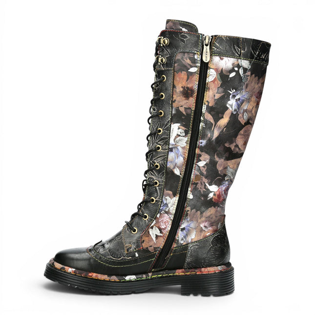 Laura Vita Women's Maroon Gothic Victorian Floral Black Leather Knee-High Lace-Up Boots - Incaso-50