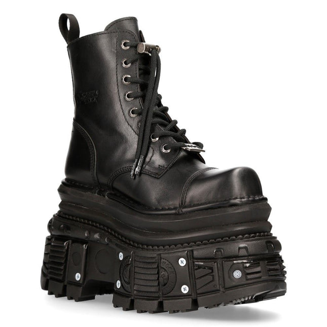 New Rock Metallic Black Leather Military Boots - M-MILI083CCT