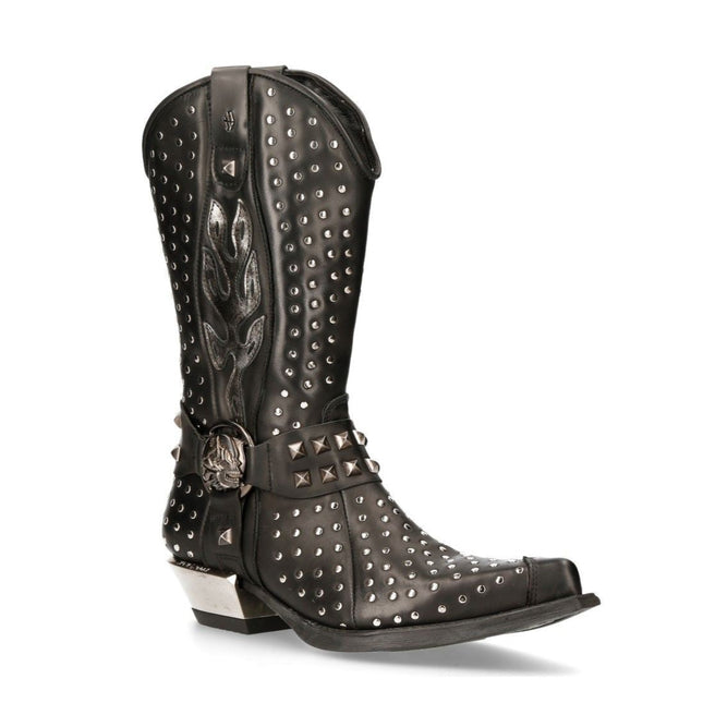 New Rock Black Leather Studded Cowboy Boots- M-7928-S1