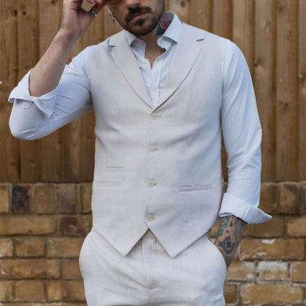 Men's Summer 2 Piece Suit Linen Formal Cream Beige Waistcoat Trousers