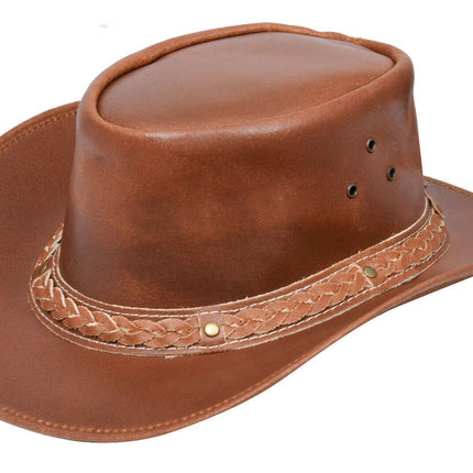 Australian Tan Western Style Cowboy Outback Real Leather Aussie Bush Hat