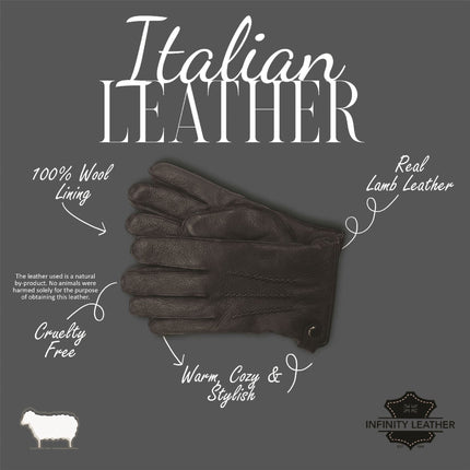 Men’s Black Italian Leather Warm Wool-Lined Winter Gloves - M-LGV-505