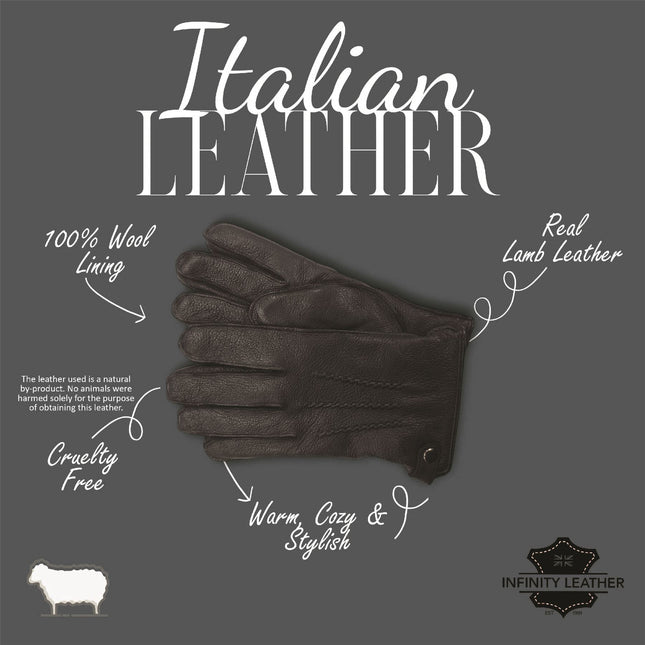 Men’s Black Italian Leather Warm Wool-Lined Winter Gloves - M-LGV-505