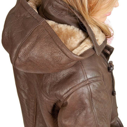 Womens Brown Hooded Sheepskin Leather Duffle Coat-Charlotte