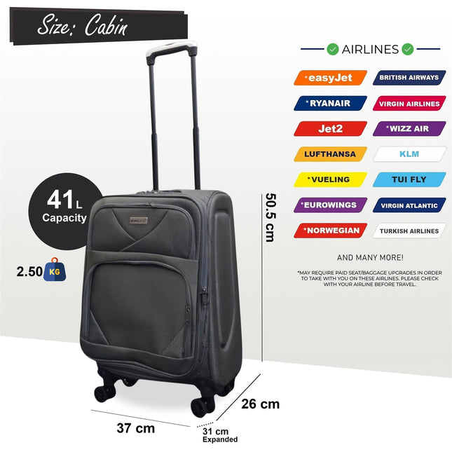 Expandable Soft Shell Cabin Suitcase 50.5 x 37 x 26 cm Luggage Suitable for Easyjet, Ryanair