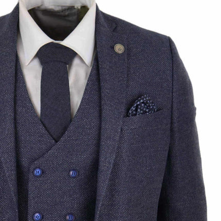 Mens Blue Wool 3 Piece Suit Double Breasted Waistcoat Tweed Peaky Blinders 1920s