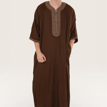 Men's Ramadan Dark Brown Moroccan Thobe Robe Djellaba Gandoura Eid Jubba- HM67