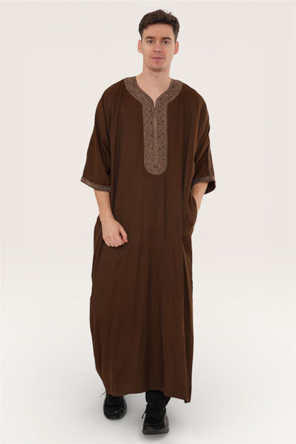Men's Ramadan Dark Brown Moroccan Thobe Robe Djellaba Gandoura Eid Jubba- HM67