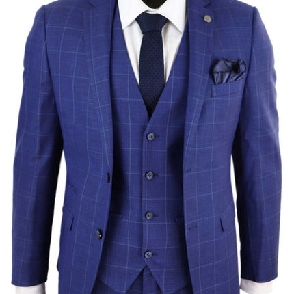 Mens 3 Piece Royal Blue Check Vintage Retro Suit