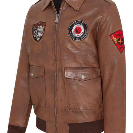 Men's Tan Brown Leather Bomber G-1 Aviator Collar Jacket  - Maverick