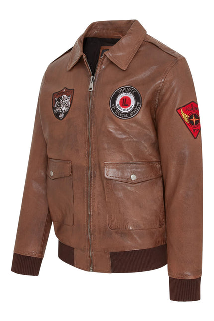 Men’s Tan Brown Leather Bomber G-1 Aviator Collar Jacket  - Maverick