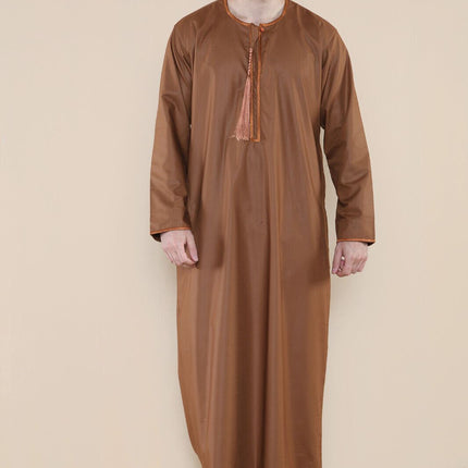 Mens Brown Jubba Saudi Islamic Arab Eid Emirati Kaftan Jubbah Tassel Robe