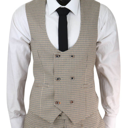Mens 3 Piece Beige Check Retro Vintage Classic Suit