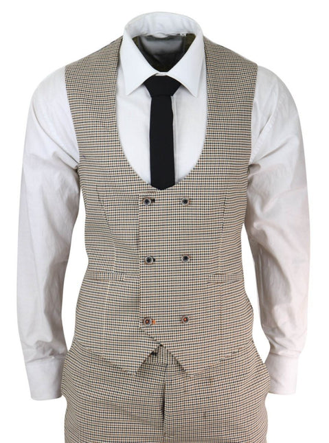 Mens 3 Piece Beige Check Retro Vintage Classic Suit