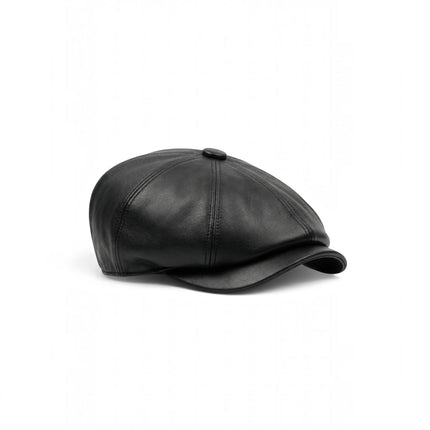 Men's Black Faux Leather Vintage 8-Panel Gatsby Baker Boy Hat - MHT-1