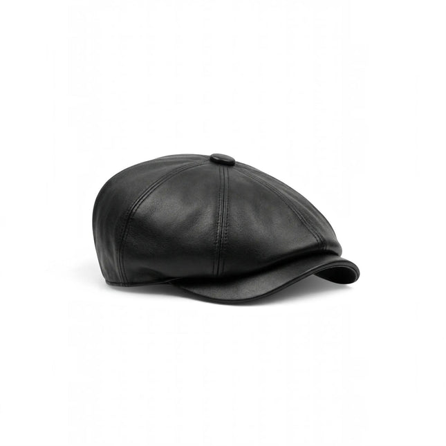 Men's Black Faux Leather Vintage 8-Panel Gatsby Baker Boy Hat - MHT-1
