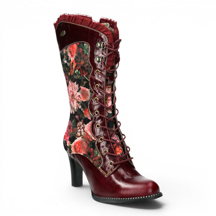 Laura Vita Floral Womens Goth Victorian Red Leather Heeled High Boots - Alcbane-351