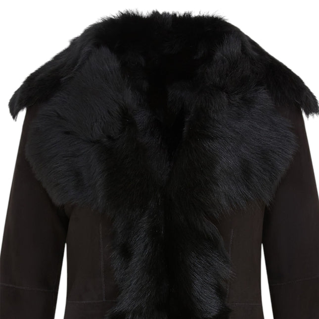 Women's Black Sheepskin Toscana Shearling Suede Leather Jacket - Noiré