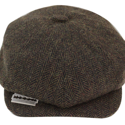 Mens Peaky Blinders Tweed Gatsby Flat Baker Hat With Razor Blade