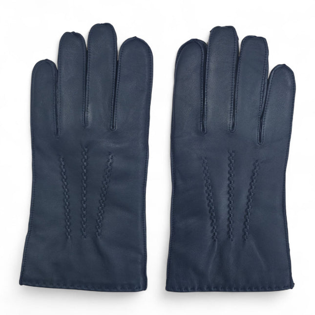 Men’s Navy Blue Italian Leather Warm Wool Lining Winter Stich Design Gloves - M-LGV-205