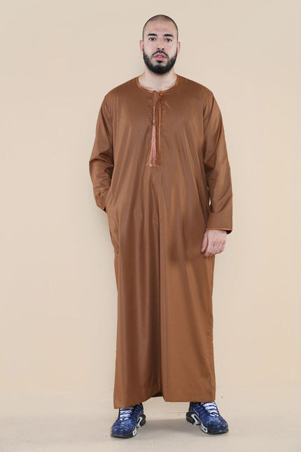 Mens Brown Jubba Saudi Islamic Arab Eid Emirati Kaftan Jubbah Tassel Robe