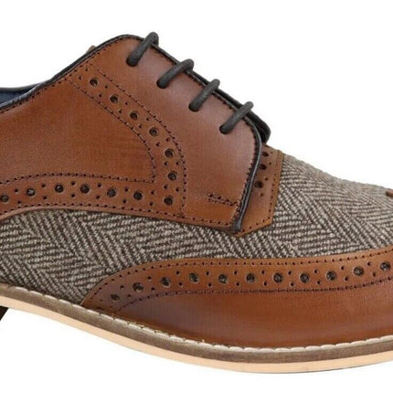 Mens Classic Oxford Tweed Brogue Derby Shoes In Tan Leather