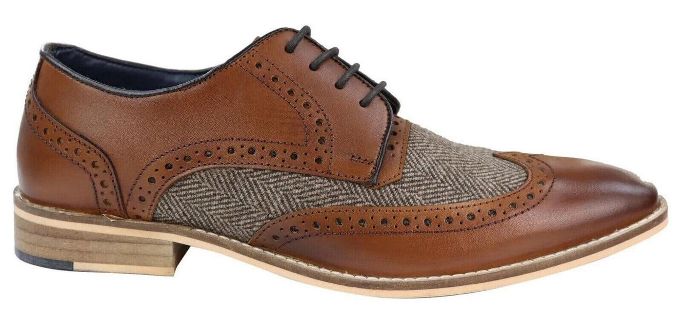 Mens Classic Oxford Tweed Brogue Derby Shoes In Tan Leather