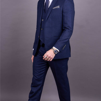 Men's Blue Plain Check 3 Piece Slim Fit Formal Wedding Suit