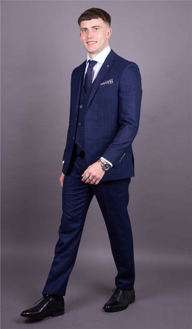 Men's Blue Plain Check 3 Piece Slim Fit Formal Wedding Suit