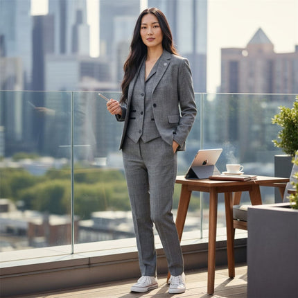 Women's Grey Three Piece Check Tailored Suit - TPW-51