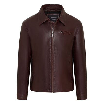 Mens Leather Brown Harrington Collar Biker Jacket - Arick