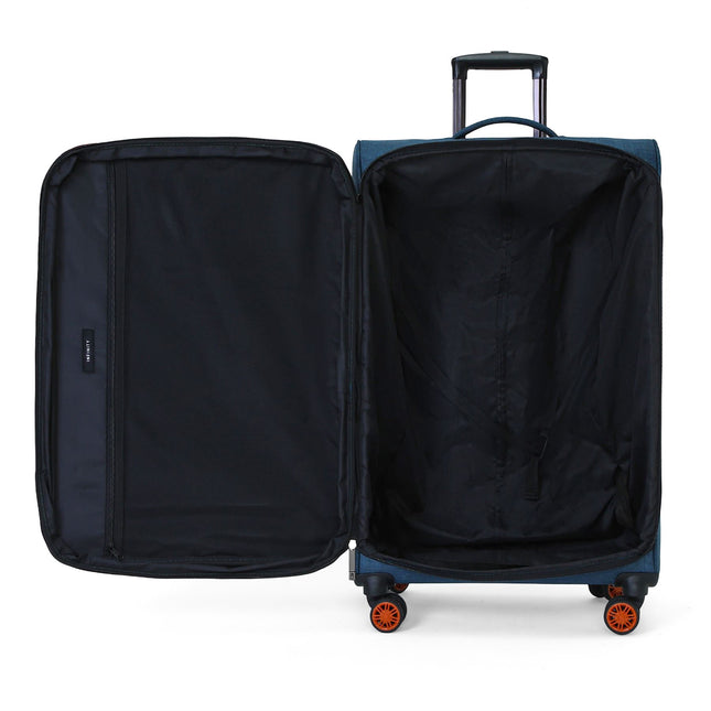 Soft Shell Blue Linen Suitcase Set 8 Wheel Lightweight Travel Luggage