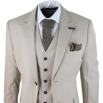 Mens 3 Piece Cream Linen Summer Spring Classic Suit