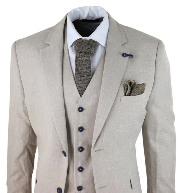 Mens 3 Piece Cream Linen Summer Spring Classic Suit
