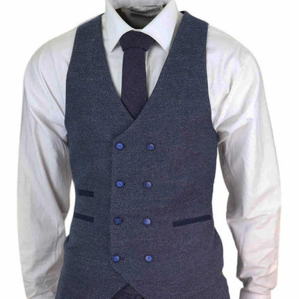 Mens Blue Wool 3 Piece Suit Double Breasted Waistcoat Tweed Peaky Blinders 1920s