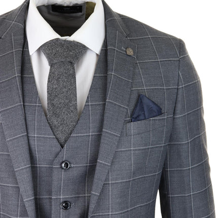 Mens Grey Suit 3 Piece Check Vintage Retro Smart Wedding Classic Tailored Fit