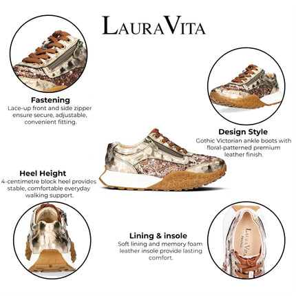 Laura Vita Women's Floral Golden Leather Trainer Sneaker Shoes - Evitao-03